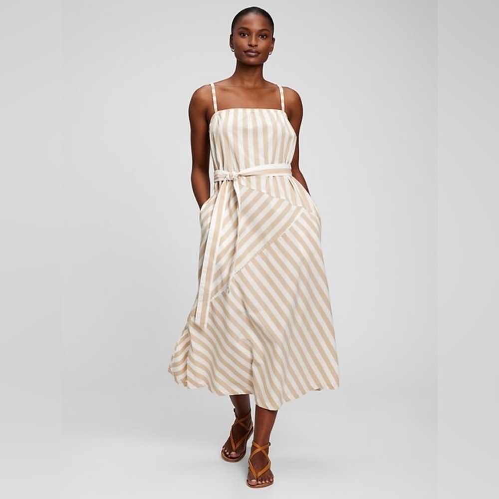 GAP Belted Patchwork Khaki Striped Midi Dress